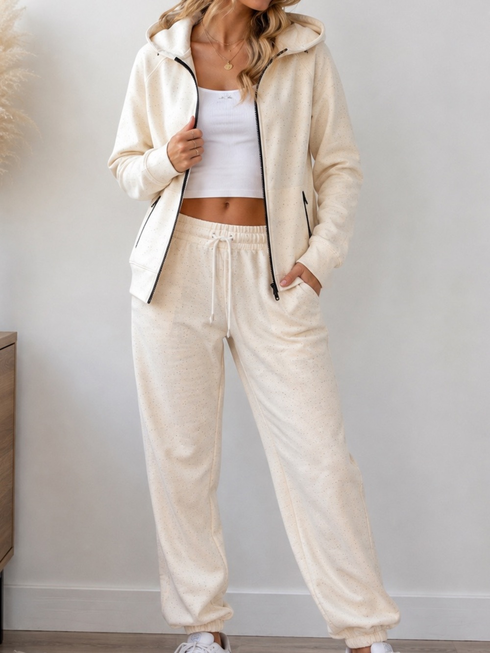 DSG Cream Confetti Speckled Tracksuit Set YXL/XS Zip Hoodie Joggers